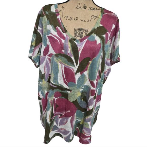Tahari 100% Linen Floral Tropical Long Tee Shirt Plus‎ Size 2X New - Picture 2 of 7